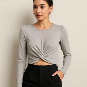 MMMMMM Womens Twist Front Cropped Sweatshirt Oatmeal Beige Puff Sleeve Large